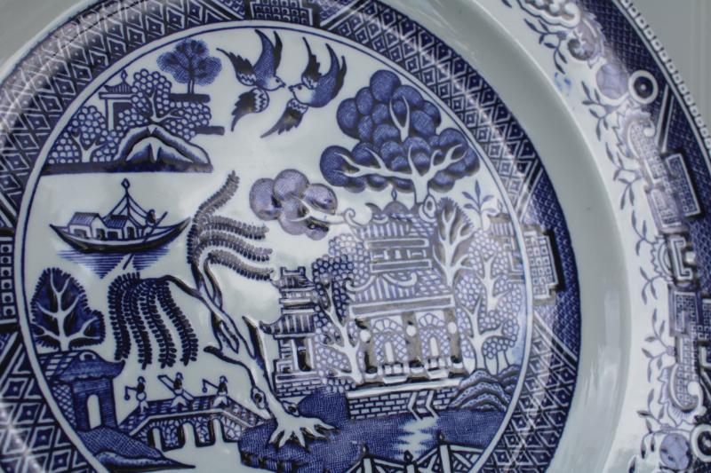 photo of vintage Washington Staffordshire china blue willow pattern dinner plates #8