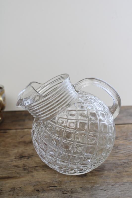 photo of vintage Waterford waffle diamond pattern clear glass pitcher, tilt ball shape #1