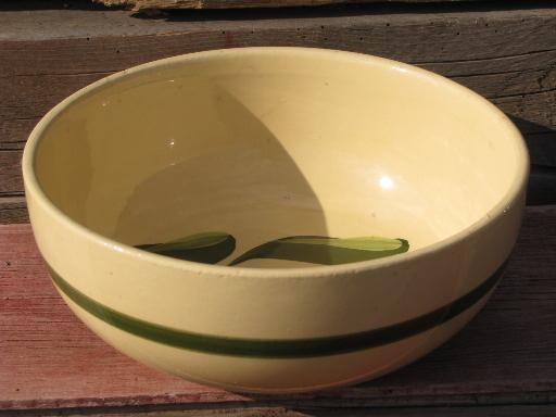 photo of vintage Watts oven ware pottery, big old green banded red apple bowl #1