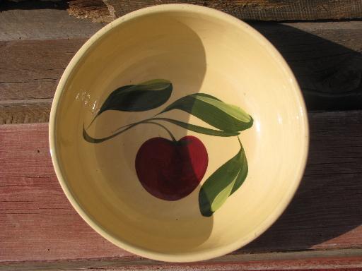 photo of vintage Watts oven ware pottery, big old green banded red apple bowl #2