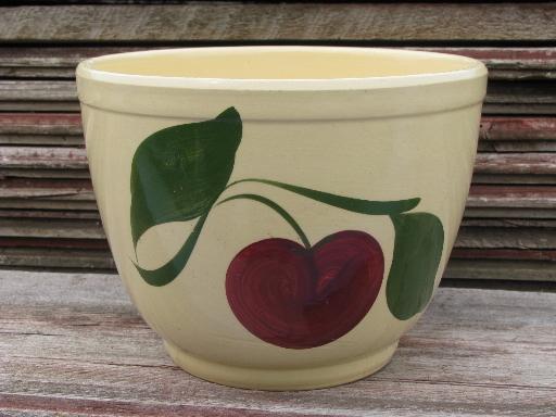 photo of vintage Watts pottery, hand painted big red apple kitchen mixing bowl #1