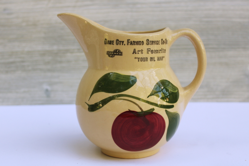 photo of vintage Watts ware pottery red apple pitcher Madison Wisconsin advertising Dane Co Farmco Art Femrite  #1