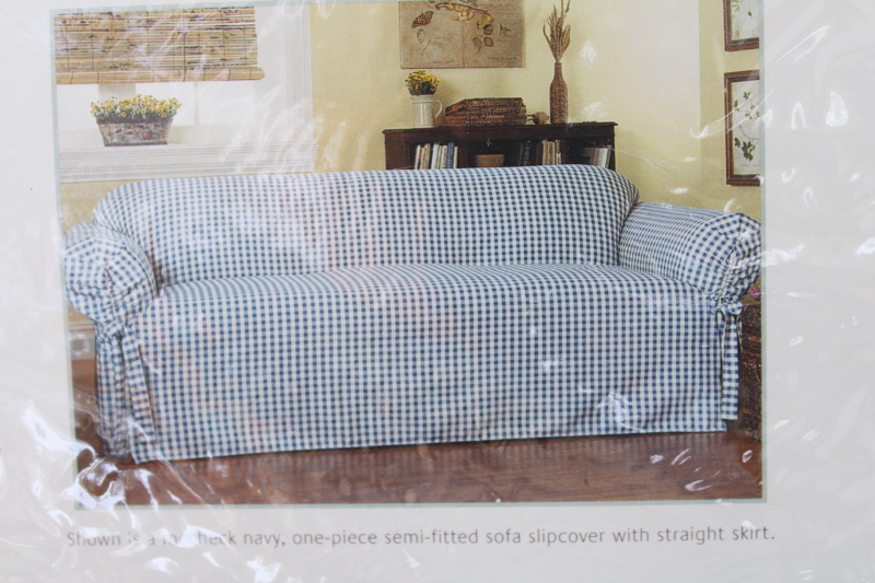 photo of vintage Waverly Garden Room sealed slipcover sofa size, navy blue gingham checked cotton #5