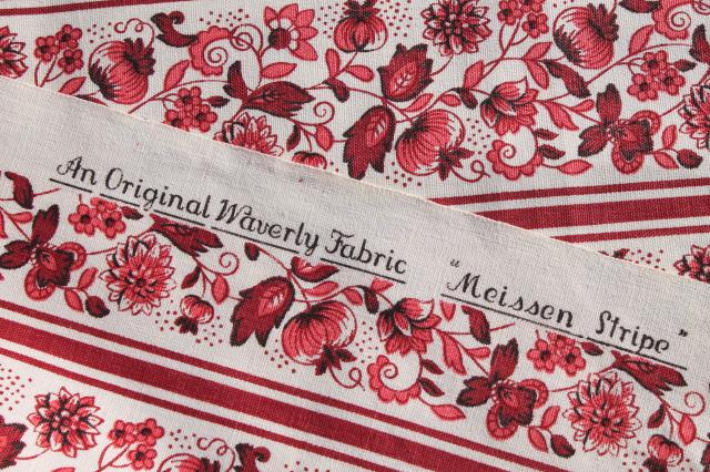 photo of vintage Waverly Meissen stripe, antique floral print cotton fabric, wine red & white #5