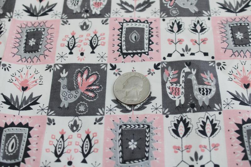 photo of vintage Waverly print cotton fabric sample, pink & grey Chalet Swiss folk art style #2