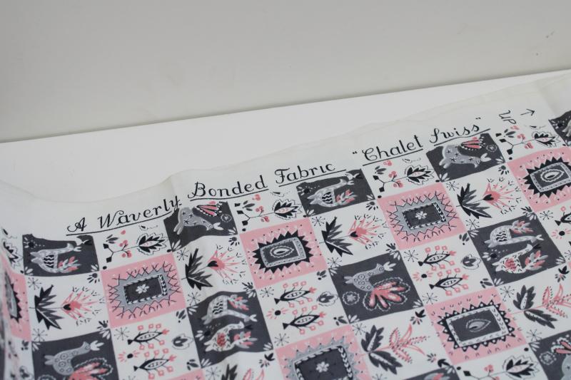 photo of vintage Waverly print cotton fabric sample, pink & grey Chalet Swiss folk art style #4