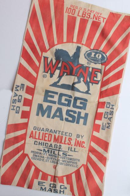 photo of vintage Wayne egg mash layer hens chicken farm feed sack, red & blue print graphics #1