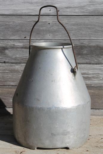 photo of vintage Wear Ever aluminum milking machine kettle, large old dairy farm milk bucket #1