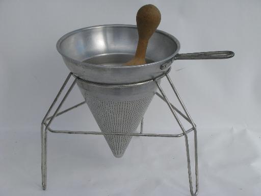 photo of vintage Wear Ever food mill, tripod stand strainer sieve cone/wood masher #1