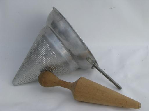 photo of vintage Wear Ever food mill, tripod stand strainer sieve cone/wood masher #3