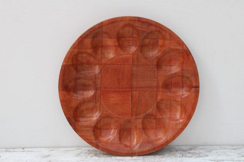 photo of vintage Weavewood type round serving tray, woven wood deviled egg plate, retro kitchen or picnic ware #1