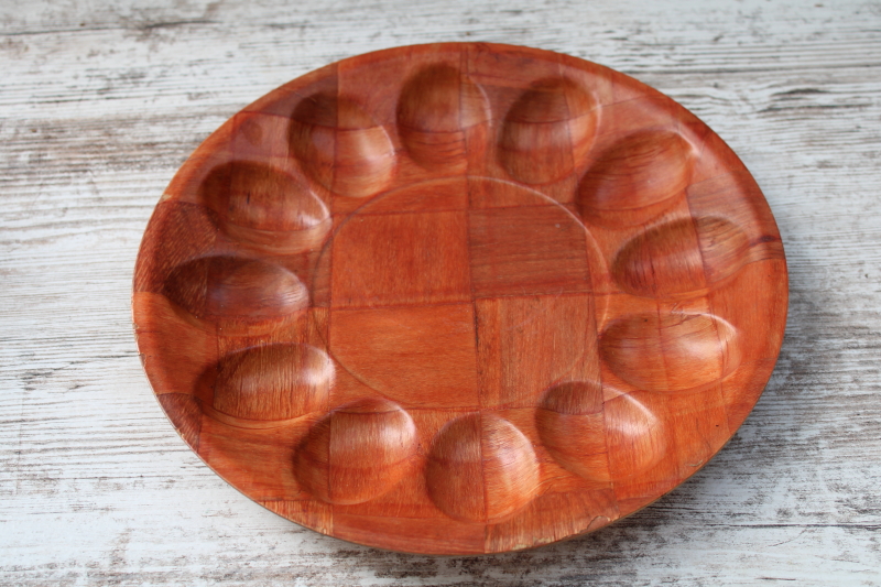 photo of vintage Weavewood type round serving tray, woven wood deviled egg plate, retro kitchen or picnic ware  #2
