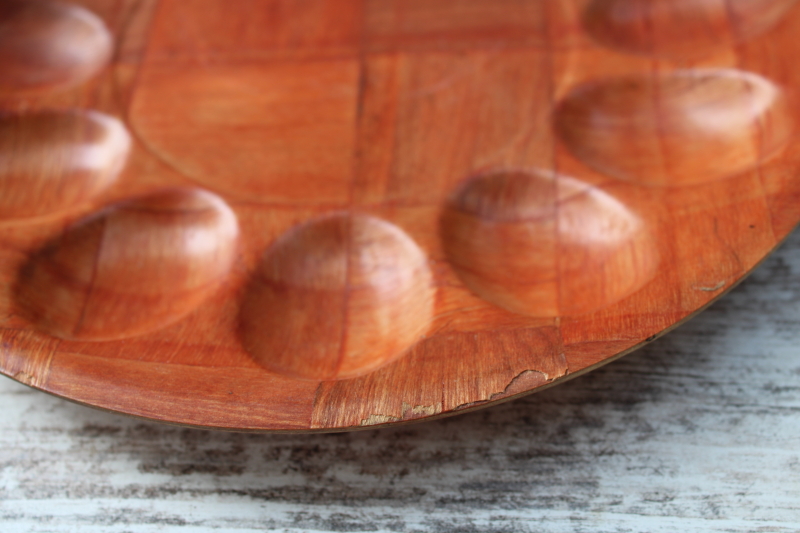 photo of vintage Weavewood type round serving tray, woven wood deviled egg plate, retro kitchen or picnic ware  #3