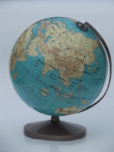 photo of vintage Weber Costello world globe w/ metal stand, 50s school classroom globe #1