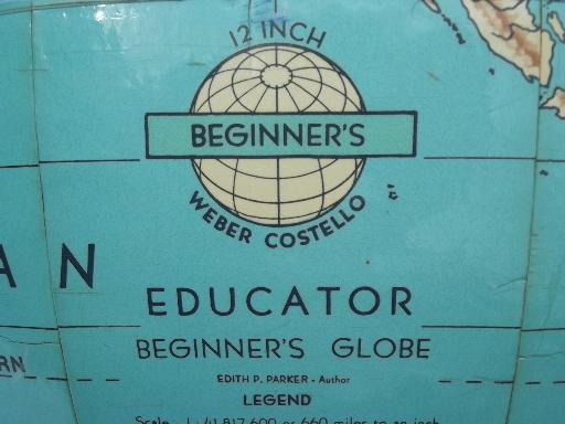 photo of vintage Weber Costello world globe w/ metal stand, 50s school classroom globe #4