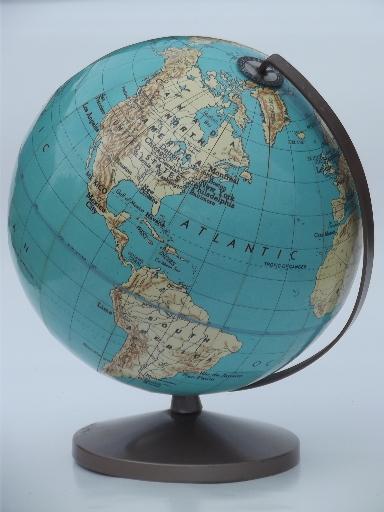 photo of vintage Weber Costello world globe w/ metal stand, 50s school classroom globe #5