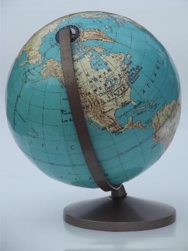 photo of vintage Weber Costello world globe w/ metal stand, 50s school classroom globe #7