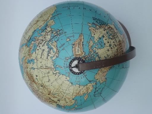 photo of vintage Weber Costello world globe w/ metal stand, 50s school classroom globe #8