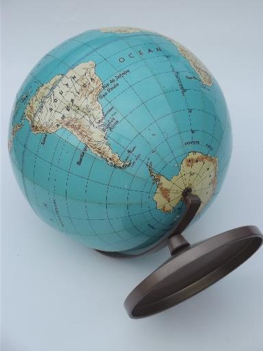 photo of vintage Weber Costello world globe w/ metal stand, 50s school classroom globe #9