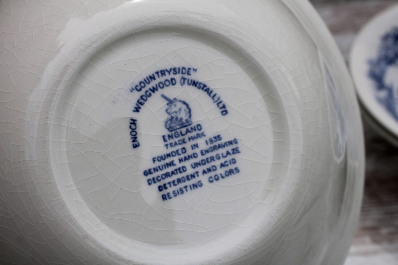 photo of vintage Wedgwood Countryside blue & white toile print serving dish, round vegetable bowl  #3