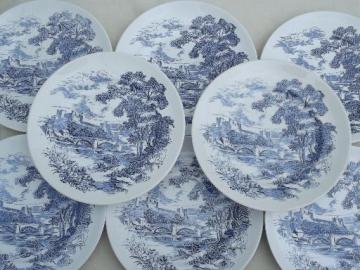 catalog photo of vintage Wedgwood Countryside blue & white china dinner plates, set of 8