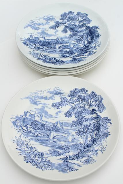 photo of vintage Wedgwood Countryside blue & white toile print transferware china dinner plates #1