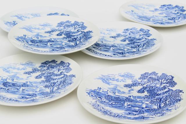 photo of vintage Wedgwood Countryside blue & white toile print transferware china dinner plates #2