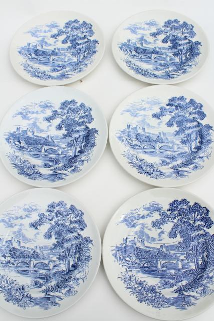 photo of vintage Wedgwood Countryside blue & white toile print transferware china dinner plates #3