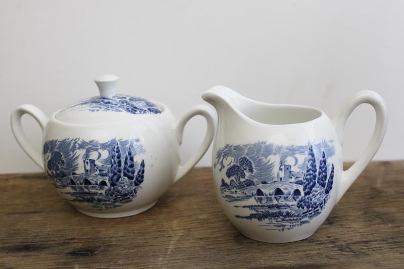 photo of vintage Wedgwood Countryside cream pitcher & sugar bowl set, blue & white china #1