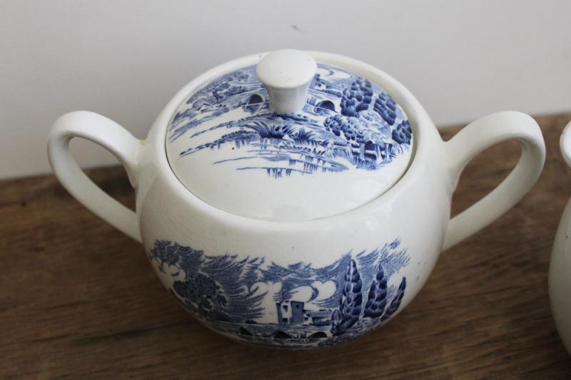 photo of vintage Wedgwood Countryside cream pitcher & sugar bowl set, blue & white china #2