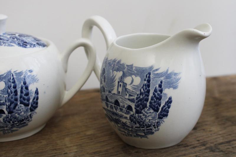 photo of vintage Wedgwood Countryside cream pitcher & sugar bowl set, blue & white china #3