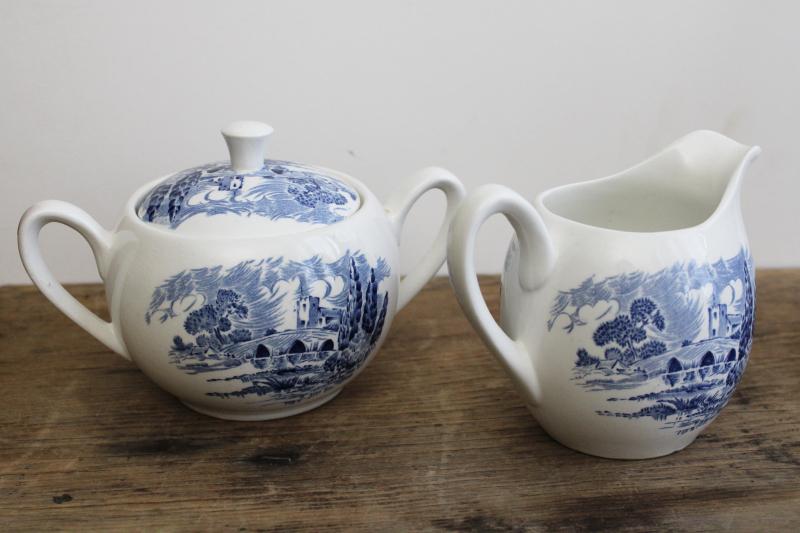 photo of vintage Wedgwood Countryside cream pitcher & sugar bowl set, blue & white china #7