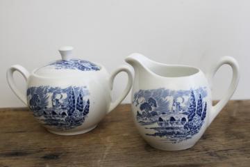 catalog photo of vintage Wedgwood Countryside cream pitcher & sugar bowl set, blue & white china