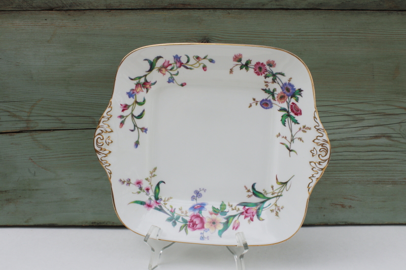 photo of vintage Wedgwood Devon Sprays floral china cake plate, square handled tray #1