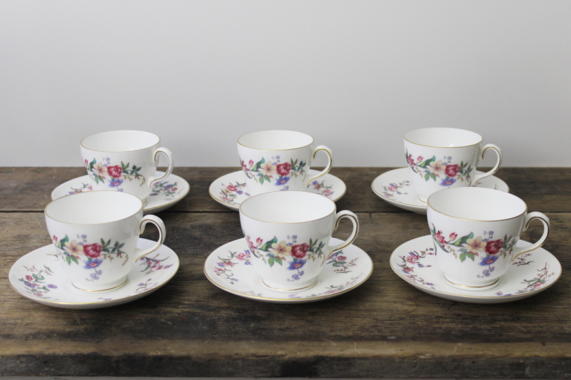 photo of vintage Wedgwood England Devon Sprays floral china, six tea cups & saucers #1