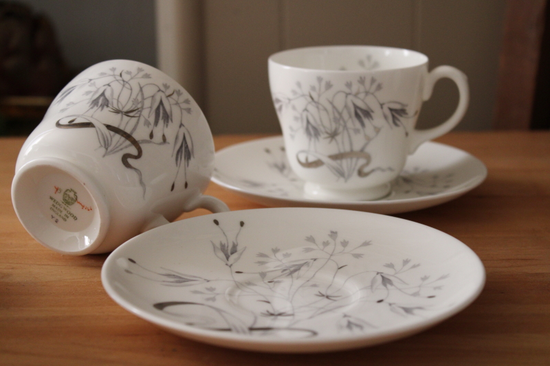 photo of vintage Wedgwood English bone china tea cups & saucers, Wild Oats gray on white grasses winter floral #3