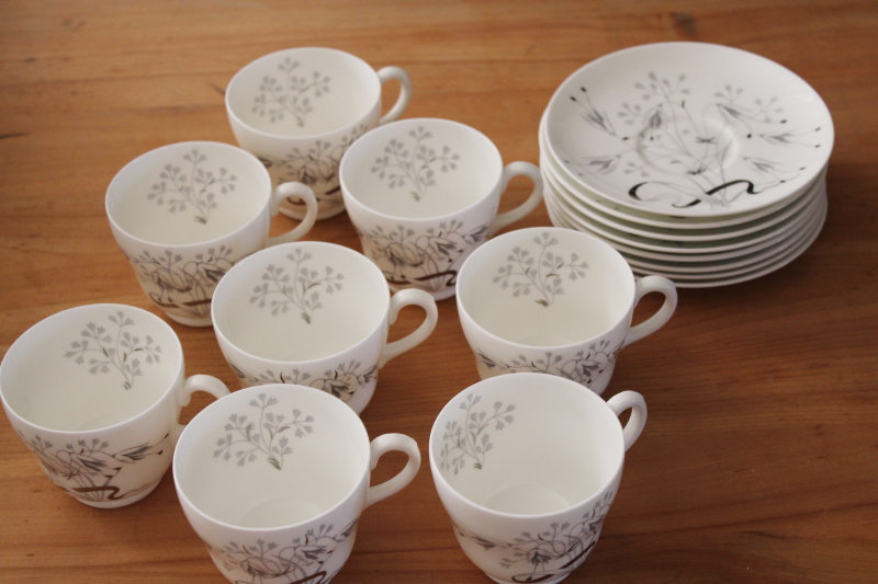 photo of vintage Wedgwood English bone china tea cups & saucers, Wild Oats gray on white grasses winter floral #8