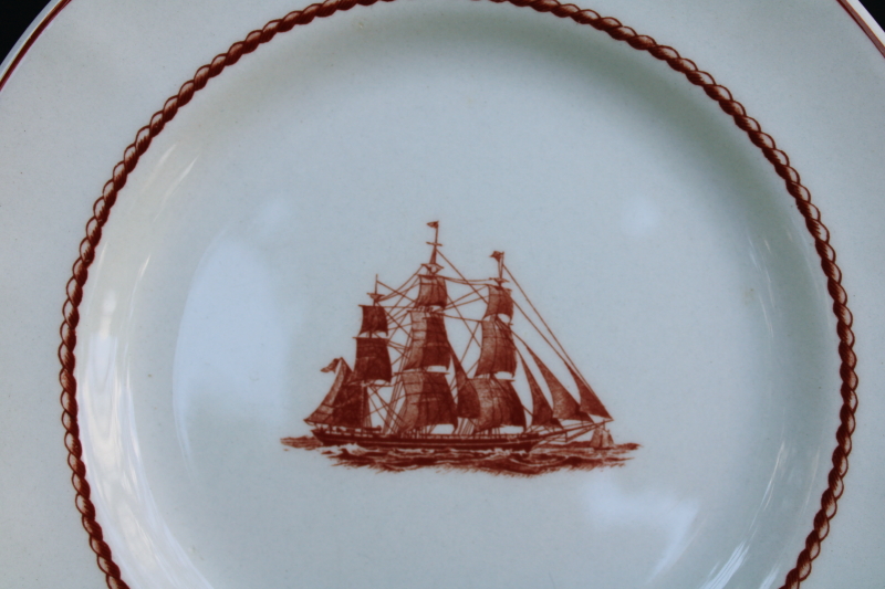 photo of vintage Wedgwood Flying Cloud Game Cock ships print rust red transferware ironstone china, set of 10 small plates  #2
