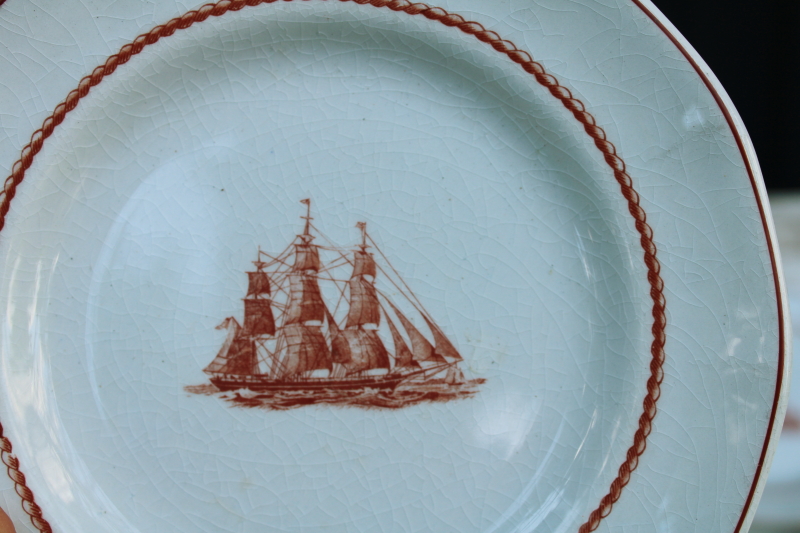 photo of vintage Wedgwood Flying Cloud Game Cock ships print rust red transferware ironstone china, set of 10 small plates  #6