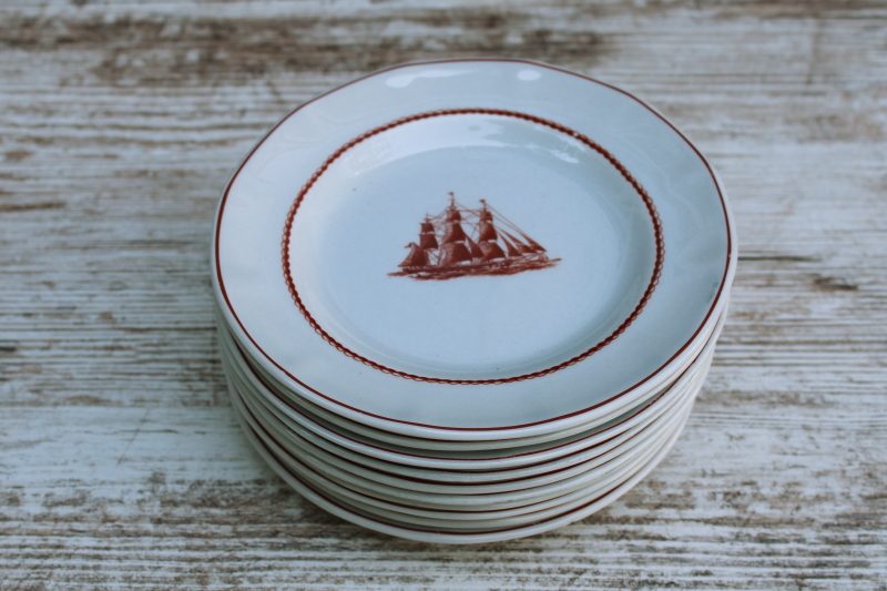 photo of vintage Wedgwood Flying Cloud Game Cock ships print rust red transferware ironstone china, set of 10 small plates  #8