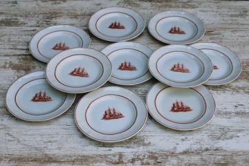 catalog photo of vintage Wedgwood Flying Cloud Game Cock ships print rust red transferware ironstone china, set of 10 small plates 