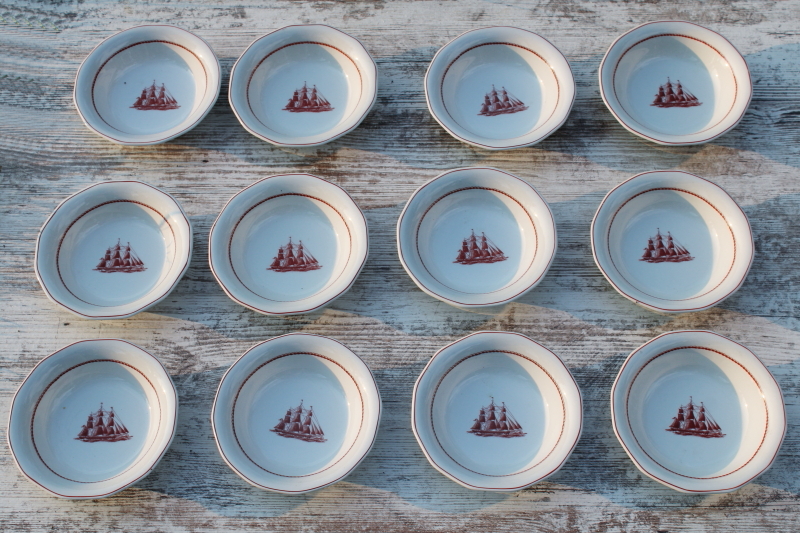 photo of vintage Wedgwood Flying Cloud Game Cock ships print rust red transferware ironstone china, set of 12 small bowls #1