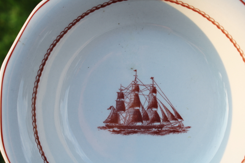 photo of vintage Wedgwood Flying Cloud Game Cock ships print rust red transferware ironstone china, set of 12 small bowls  #2