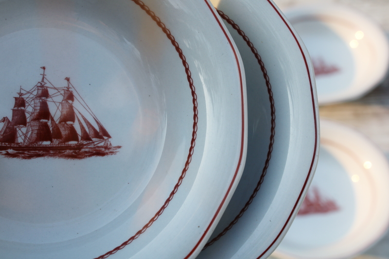 photo of vintage Wedgwood Flying Cloud Game Cock ships print rust red transferware ironstone china, set of 12 small bowls  #4