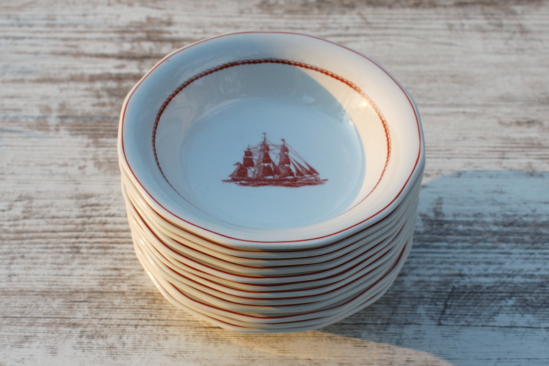photo of vintage Wedgwood Flying Cloud Game Cock ships print rust red transferware ironstone china, set of 12 small bowls  #7
