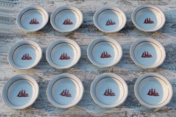 catalog photo of vintage Wedgwood Flying Cloud Game Cock ships print rust red transferware ironstone china, set of 12 small bowls 
