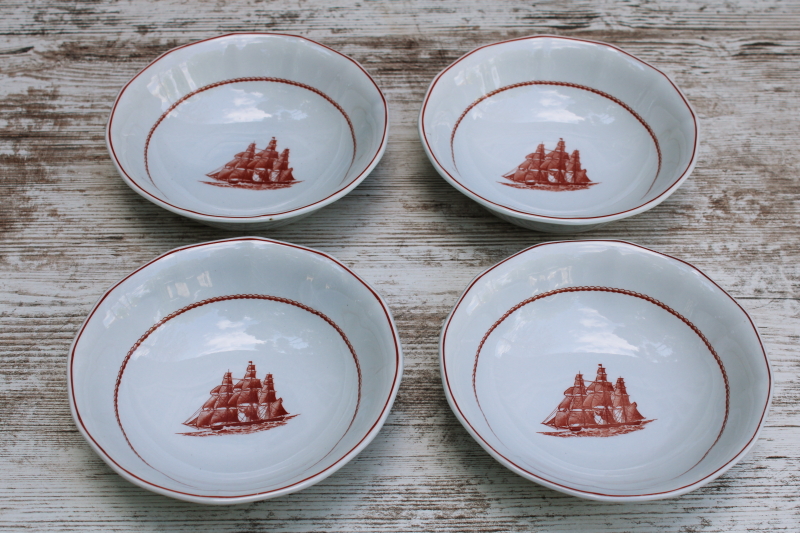 photo of vintage Wedgwood Flying Cloud Young America ships print rust red transferware ironstone china, set of 4 cereal bowls #1