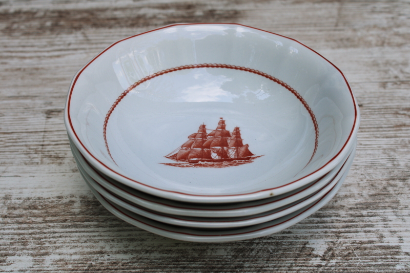 photo of vintage Wedgwood Flying Cloud Young America ships print rust red transferware ironstone china, set of 4 cereal bowls  #6
