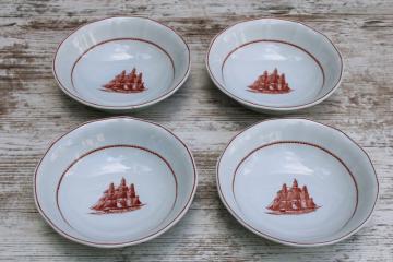 catalog photo of vintage Wedgwood Flying Cloud Young America ships print rust red transferware ironstone china, set of 4 cereal bowls 