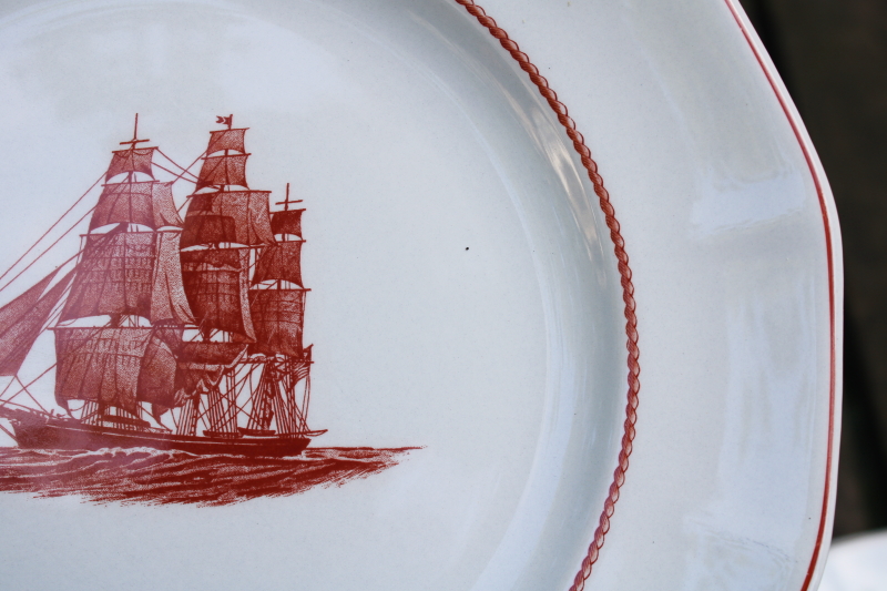 photo of vintage Wedgwood Flying Cloud rare rust red color clipper ships print ironstone china, large dinner plates  #5